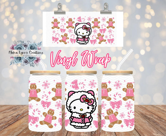 Pink Peppermint Kitty Christmas 16 oz Glass Can prints