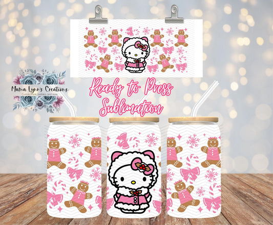 Pink Peppermint Kitty Christmas 16 oz Glass Can prints