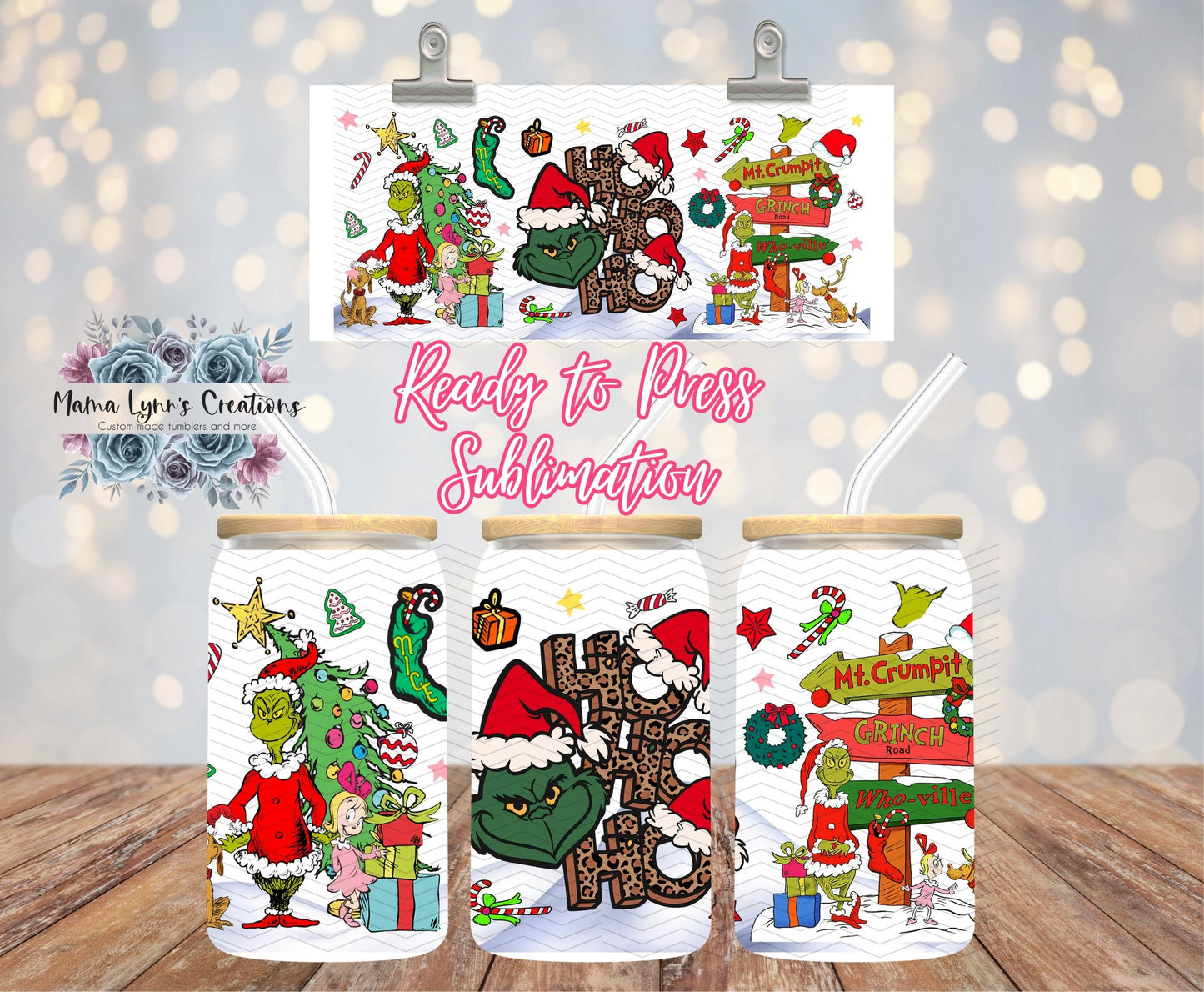 Ho Ho Ho Grinch Mt Crumpet Christmas 16 oz Glass Can prints