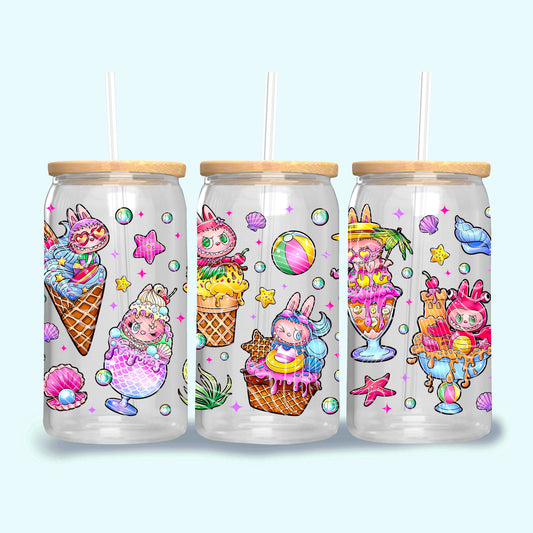 Ice Cream Summer Labubu 16 oz Glass Can Wraps