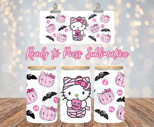 Pink Halloween H Kitty Mummy 16 oz Glass Can prints