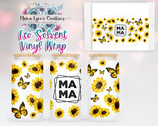 Yellow Mom Sunflowers and Butterflies 16 oz Glass Can Wrap