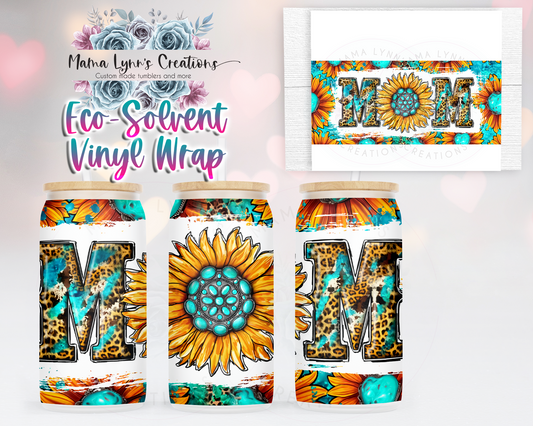 Mom Turquoise and Sunflowers 16 oz Glass Can Wrap