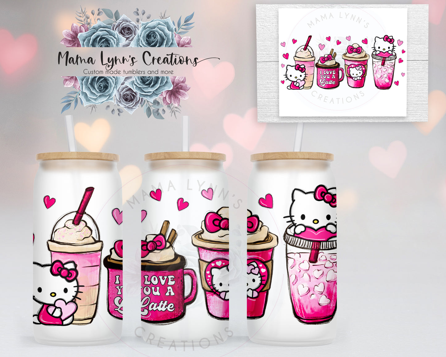 Pink Love You Latte Kitty 16 oz Glass Can Vinyl Wrap