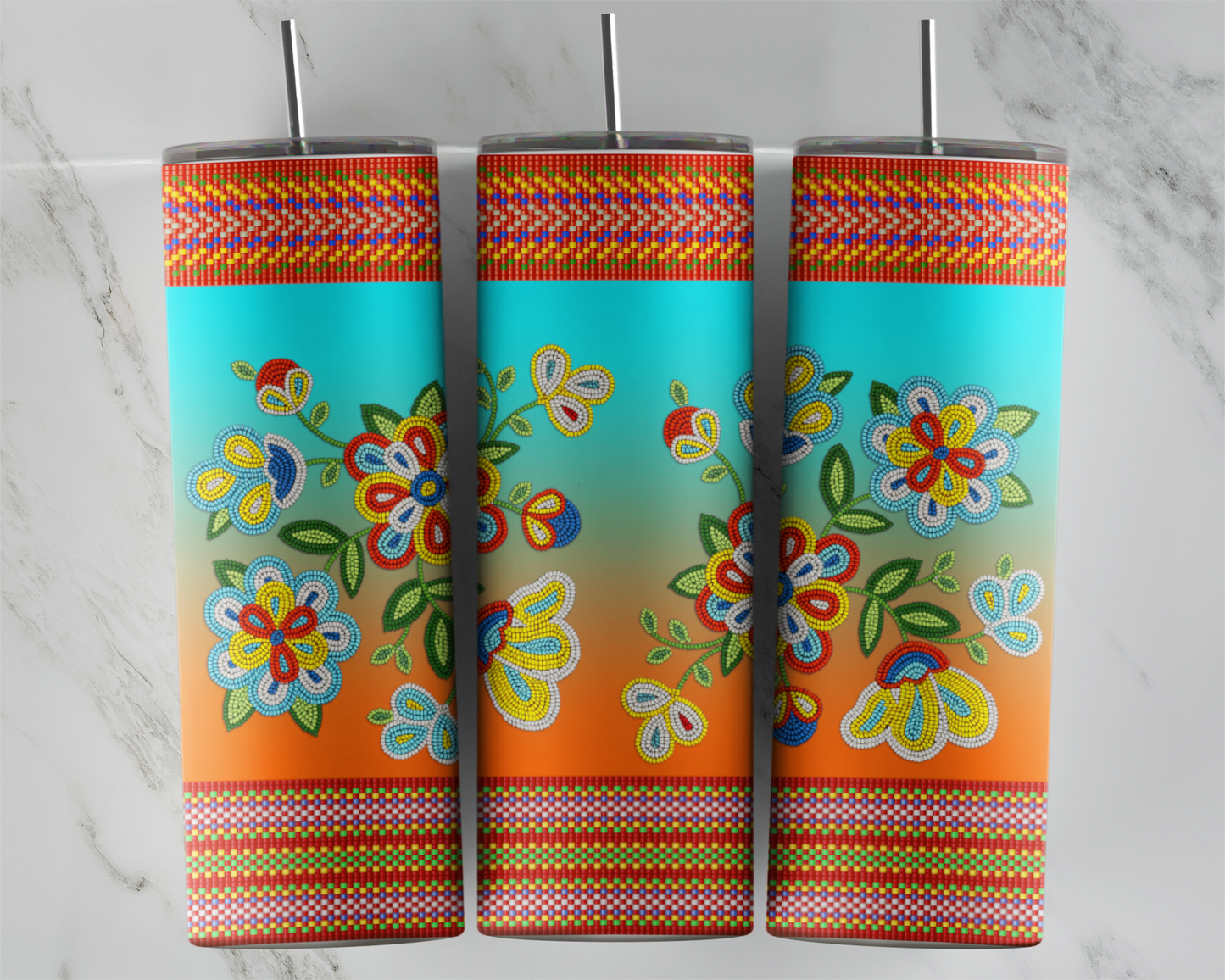 Turquoise Orange Beaded Flowers ready to press transfer