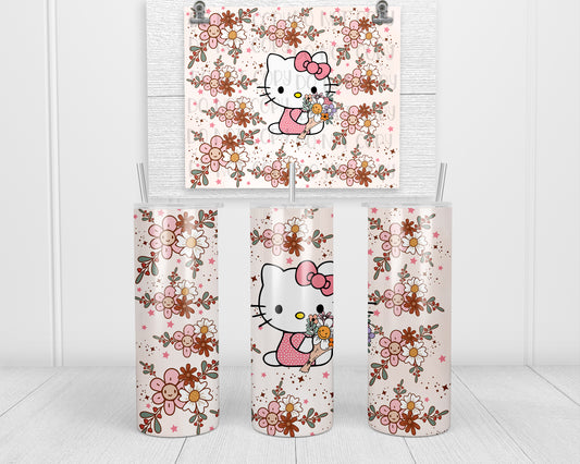 Spring Kitty Pink Flowers Tumbler Transfers