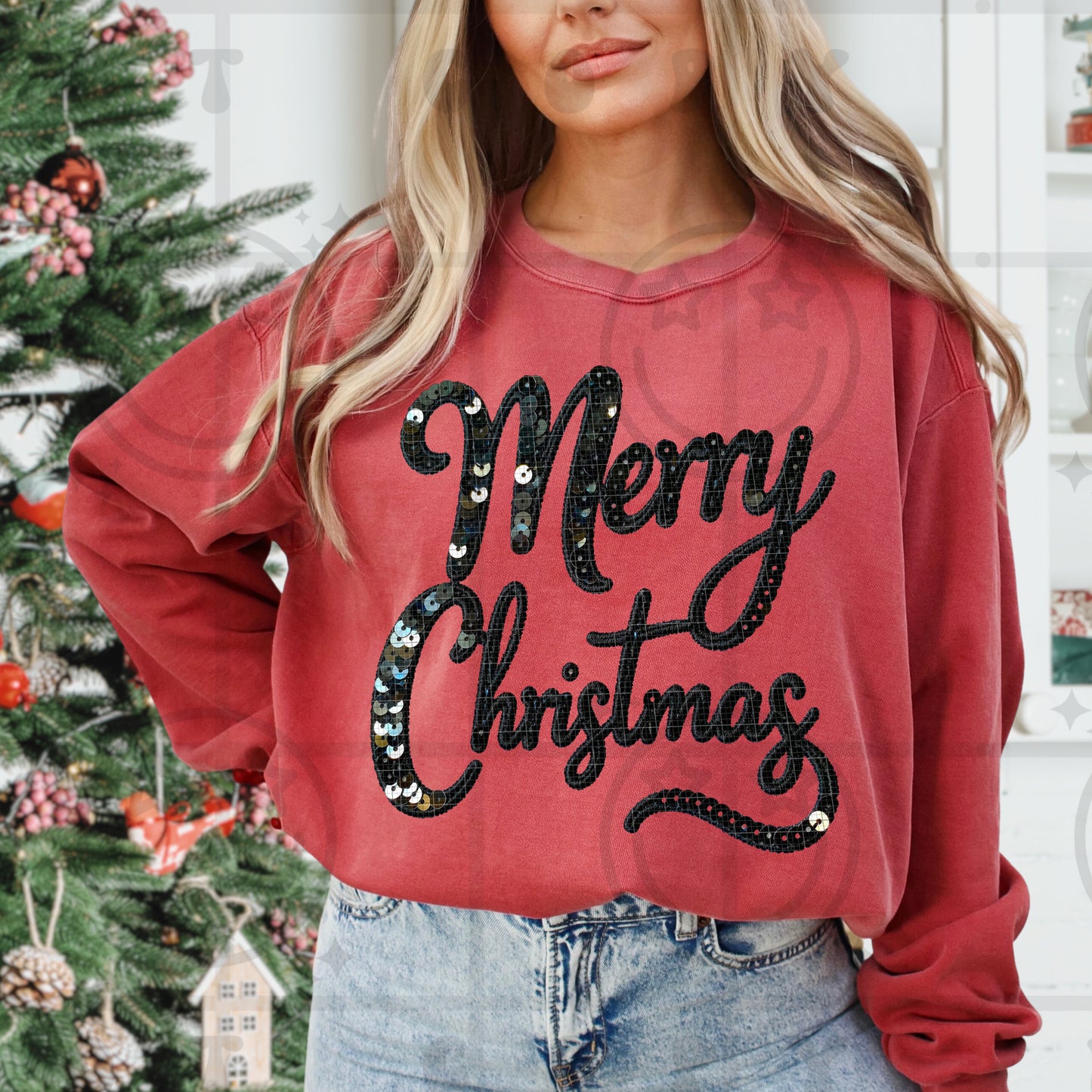 Merry Christmas Faux Sequin Embroidery DTF Print