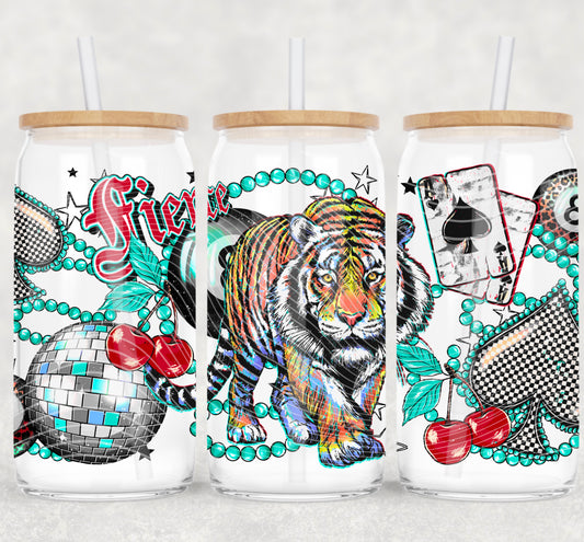 Fierce Tiger With Turquoise 16 oz Glass Can Wraps