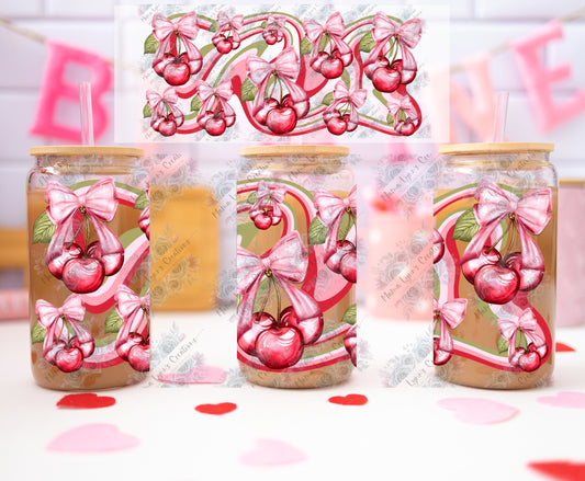 Swirl Cherries and Bows Valentine 16 oz Glass Can Wrap