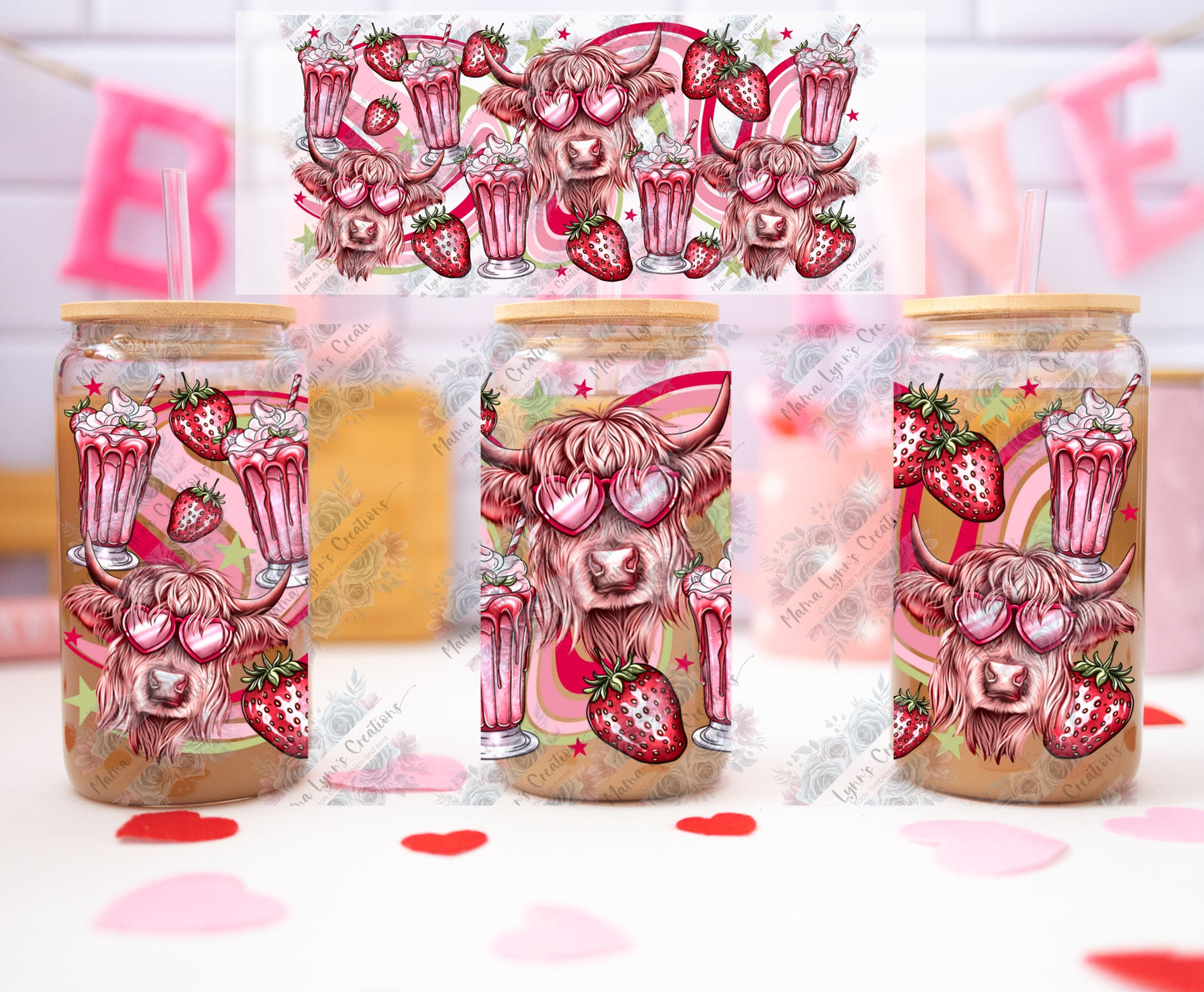 Strawberry Milkshake Cow Valentine 16 oz Glass Can Wrap