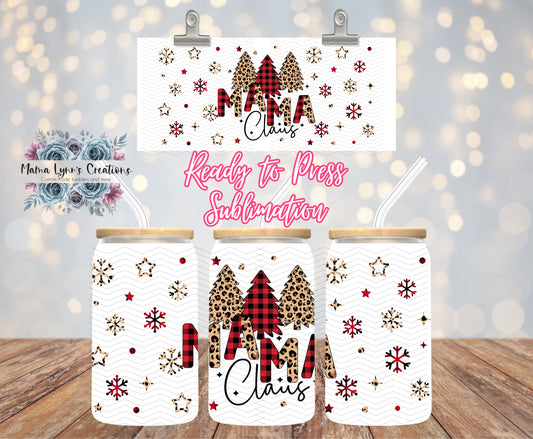 Mama Clause Plaid and Leopard Christmas 16 oz Glass Can prints