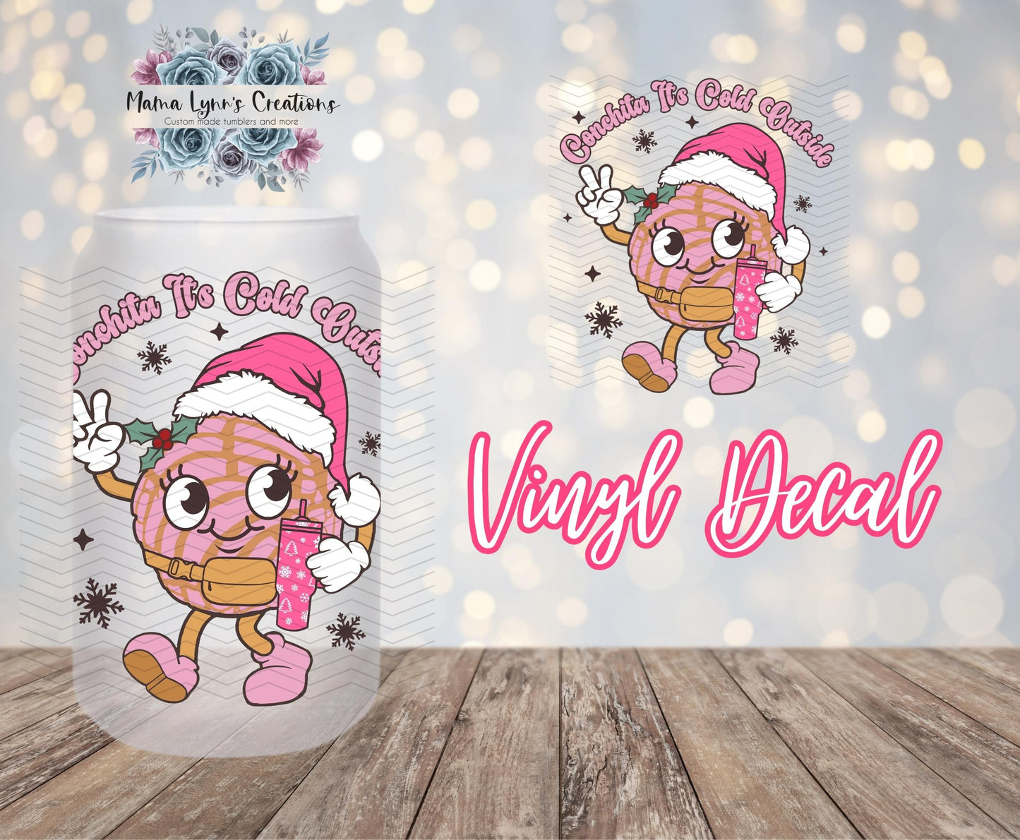 Pink Conchita Its Cold Outside, Christmas 16 oz Glass Can prints