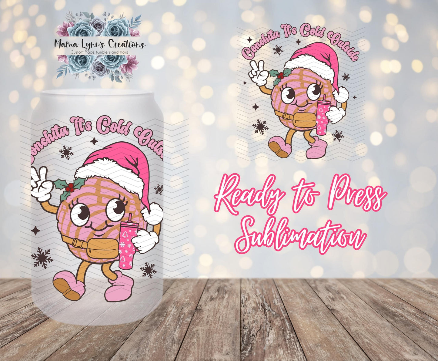 Pink Conchita Its Cold Outside, Christmas 16 oz Glass Can prints