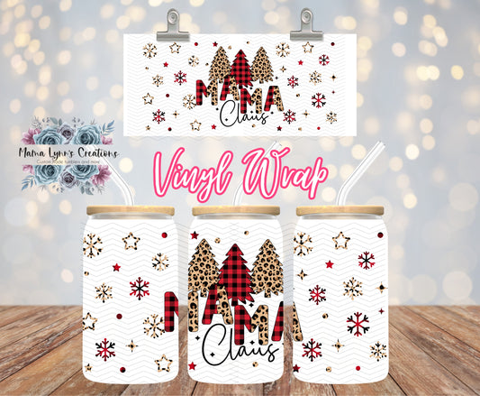 Mama Clause Plaid and Leopard Christmas 16 oz Glass Can prints