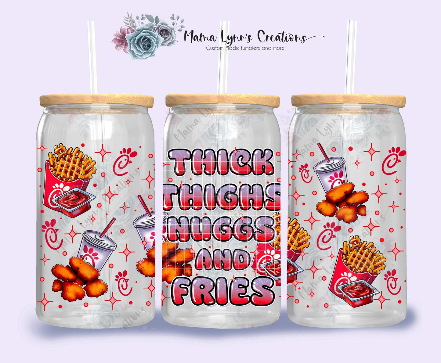 Thick Thighs Nuggs and Fries 16 oz Glass Can Wrap