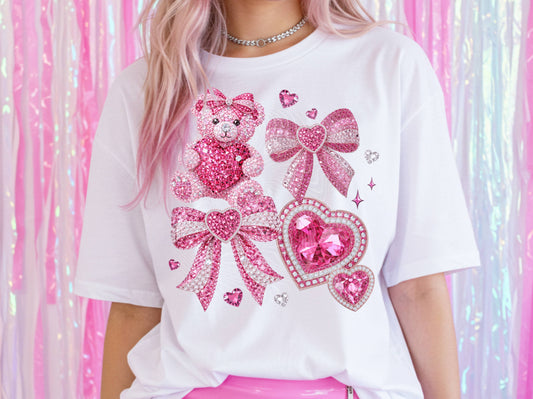 Pink Coquette Valentine Bear (Faux Rhinestones) DTF Prints