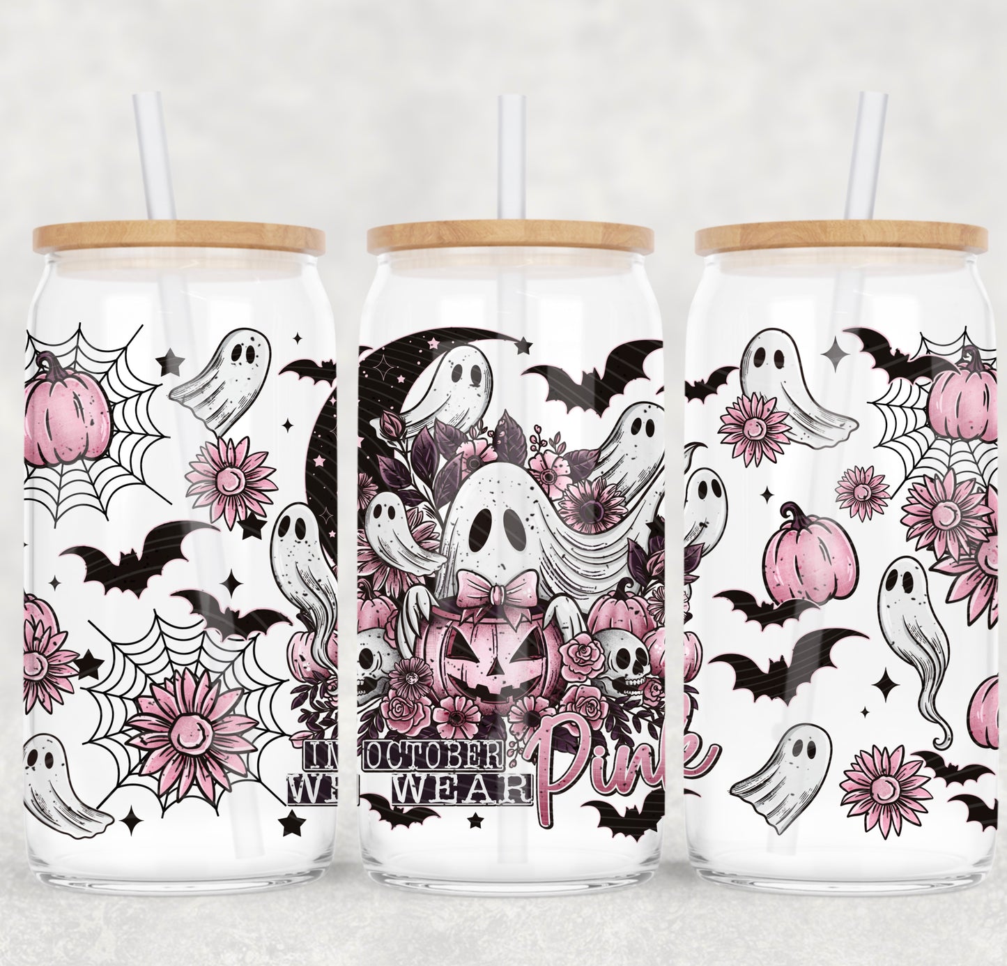 Pink October Ghosties 16 oz Glass Can Wrap