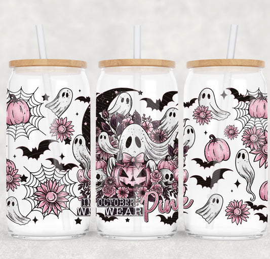 Pink October Ghosties 16 oz Glass Can Wrap