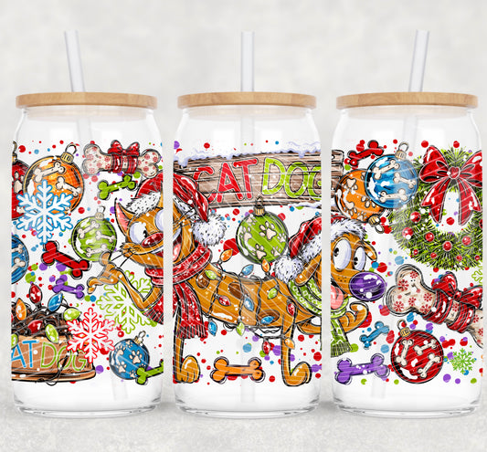 Cat Dog 90’s Christmas 16 oz Glass Wrap