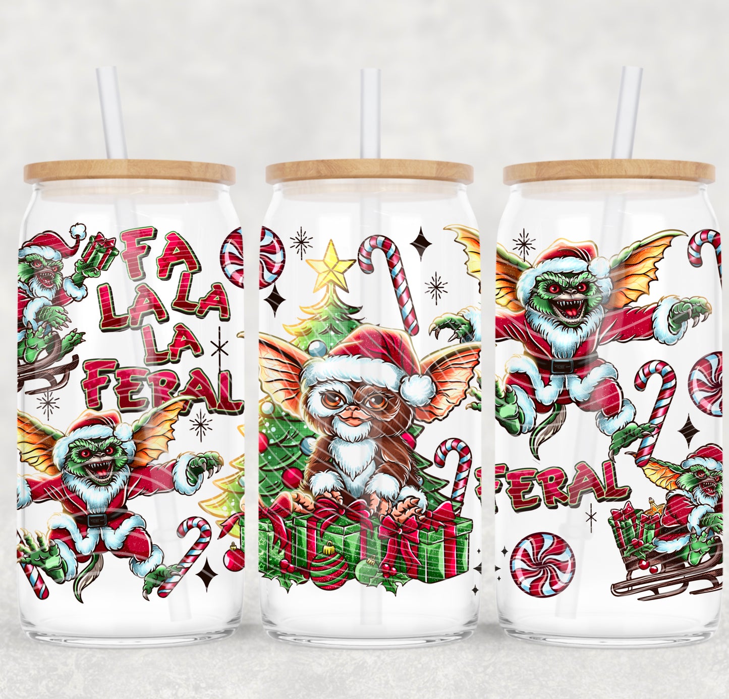 Fa La La FERAL Christmas 16 oz Glass Can Wrap