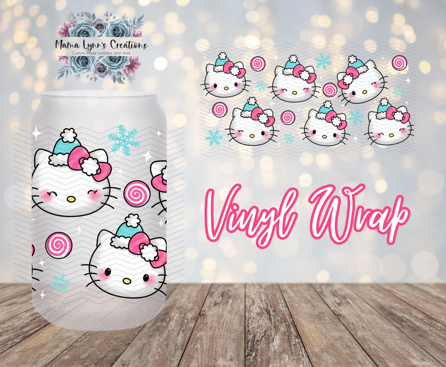 Peppermint Snowflake Kitty Christmas 16 oz Glass Can prints