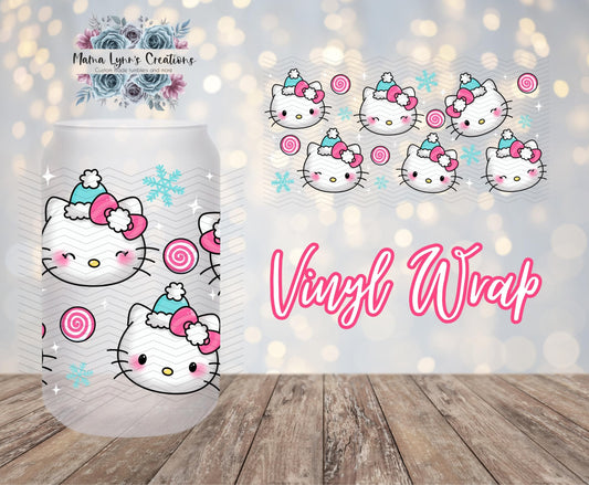 Peppermint Snowflake Kitty Christmas 16 oz Glass Can prints