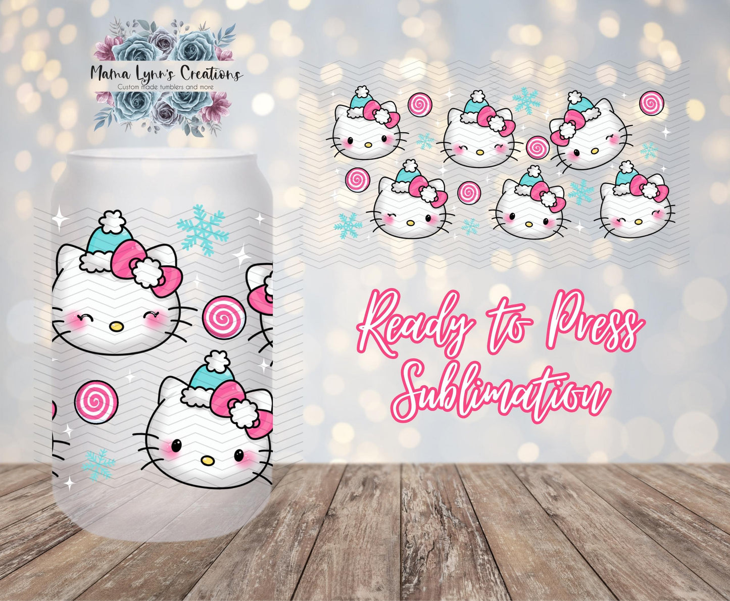 Peppermint Snowflake Kitty Christmas 16 oz Glass Can prints