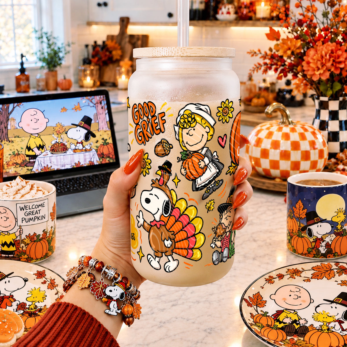 Give Thanks Always Doodle 16 oz Glass Wrap