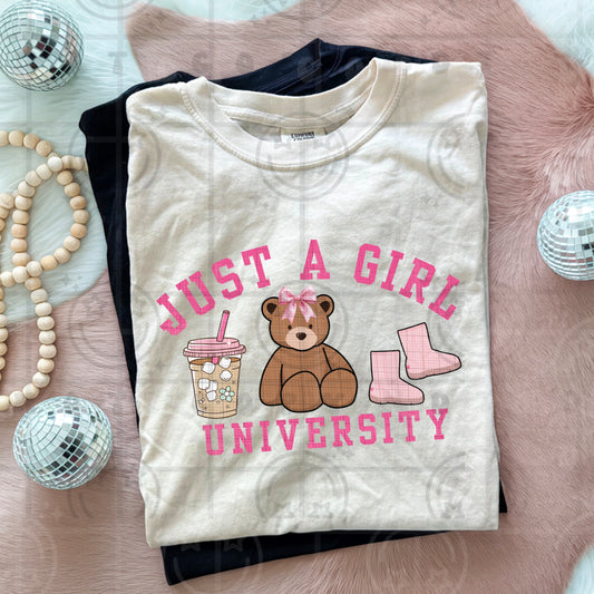 Just A Girl University DTF Print