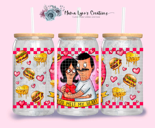 You Melt My Heart Burgers Valentine 16 oz Glass Can Wrap