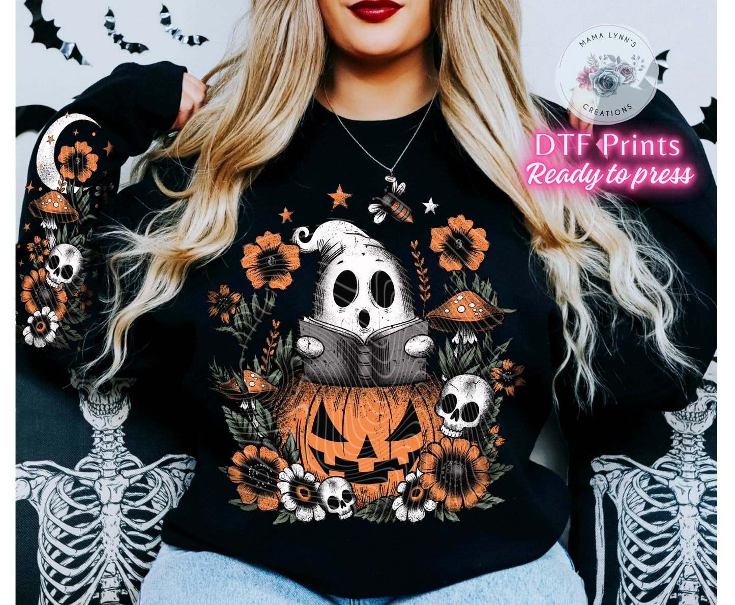 Floral Ghost In Pumpkin DTF Print