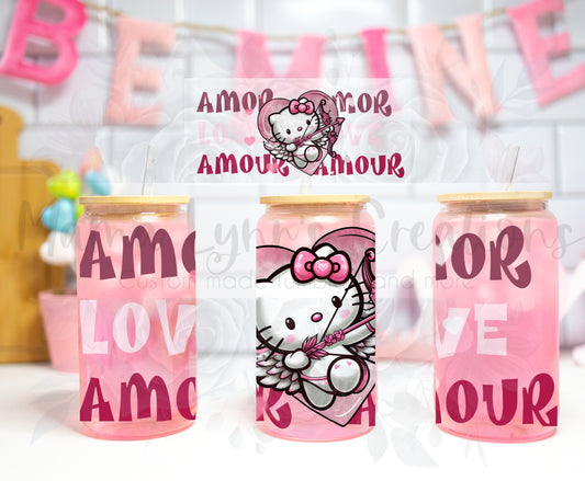 Pink Amor Cupid Kitty Valentine 16 oz Glass Can Wrap