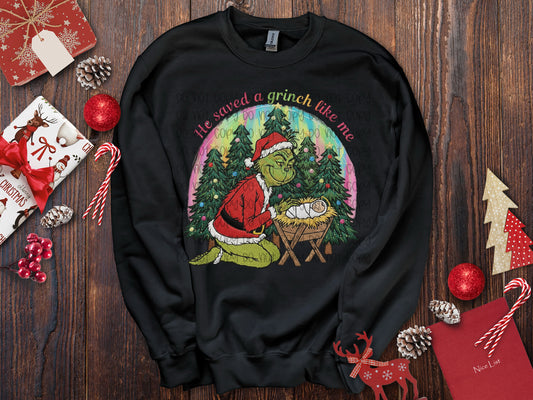 He Saved A Grinch Like Me Faux Yarn  DTF Print