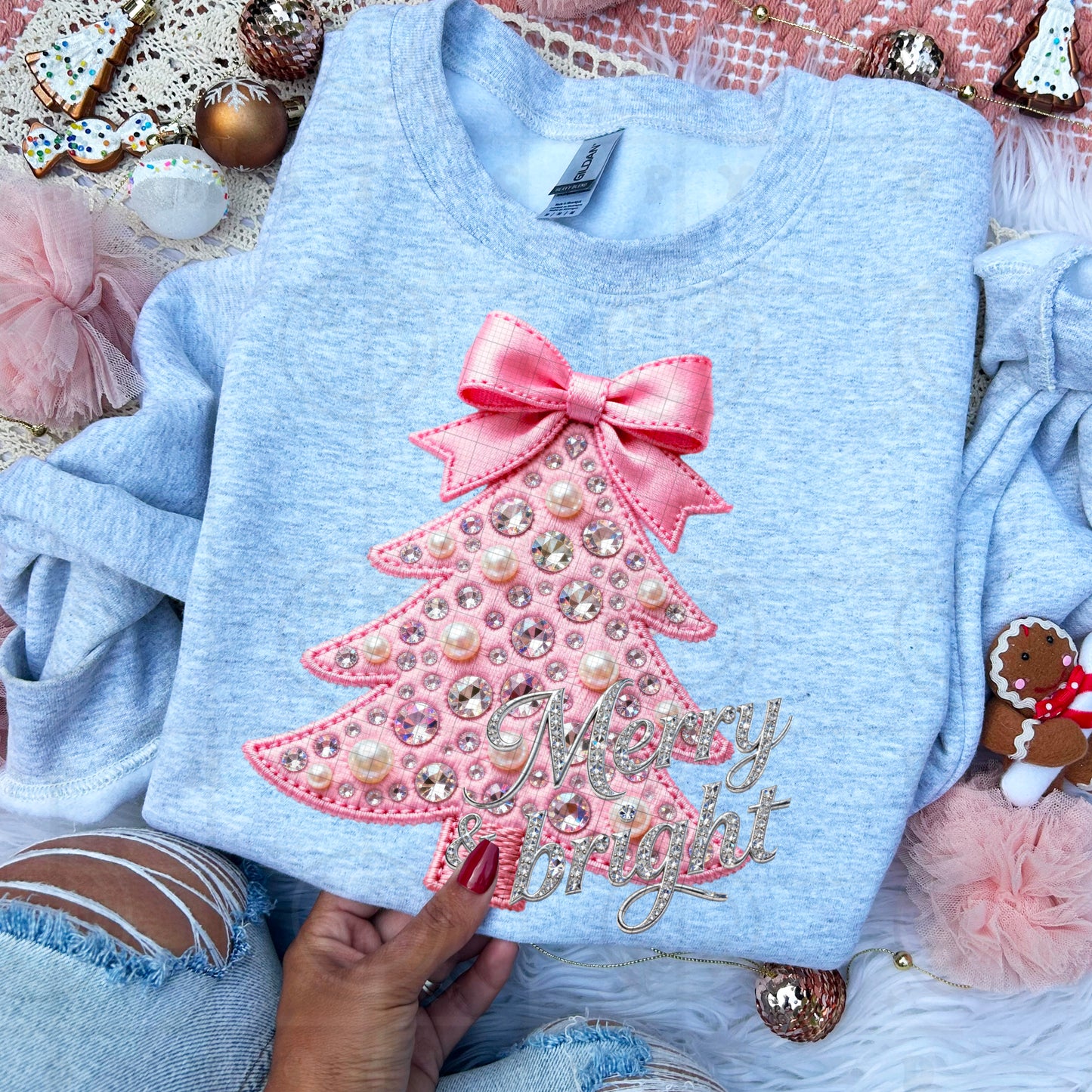 Merry & Bright Pink Tree (Faux Sequin Embroidery) DTF Prints