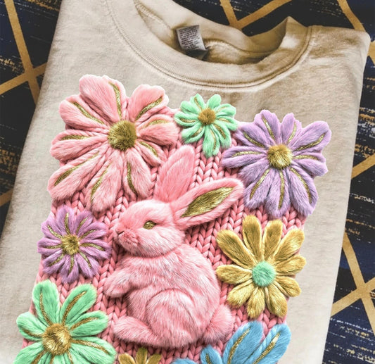 Spring Floral Bunny (Faux Embroidery) DTF Prints