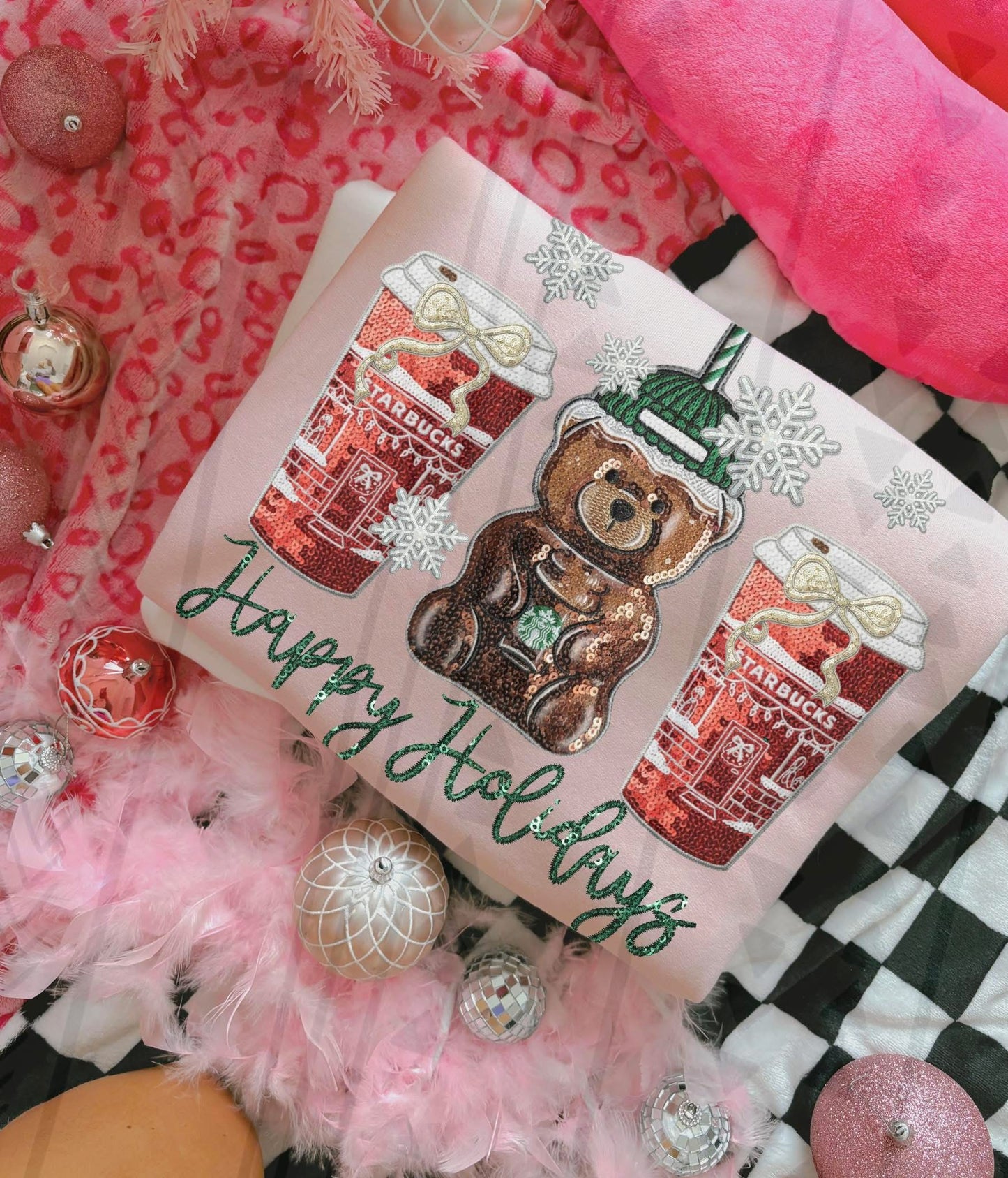 Happy Holidays Coffee Bear (Faux Sequin) DTF Print