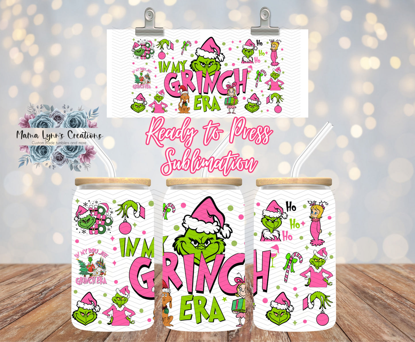 Pink Grinch Era Christmas 16 oz Glass Can prints