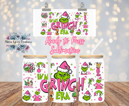 Pink Grinch Era Christmas 16 oz Glass Can prints