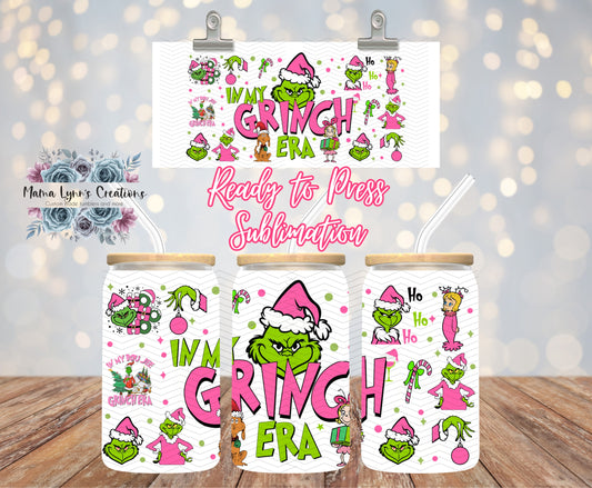 Pink Grinch Era Christmas 16 oz Glass Can prints