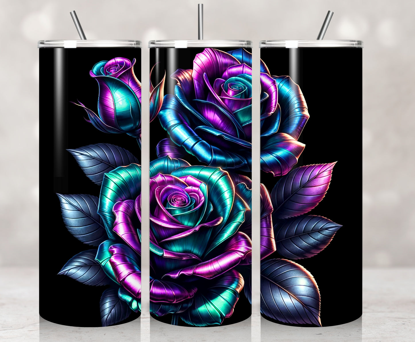 3D Neon Black and Purple Roses