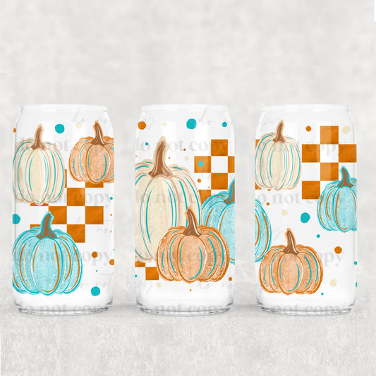 Orange Teal Pumpkins 16 oz Glass Wrap