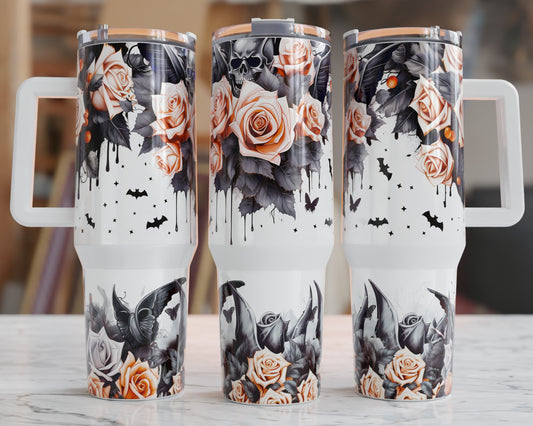 Halloween Peach and Black Floral Goth Bats 40 oz Tumbler Prints