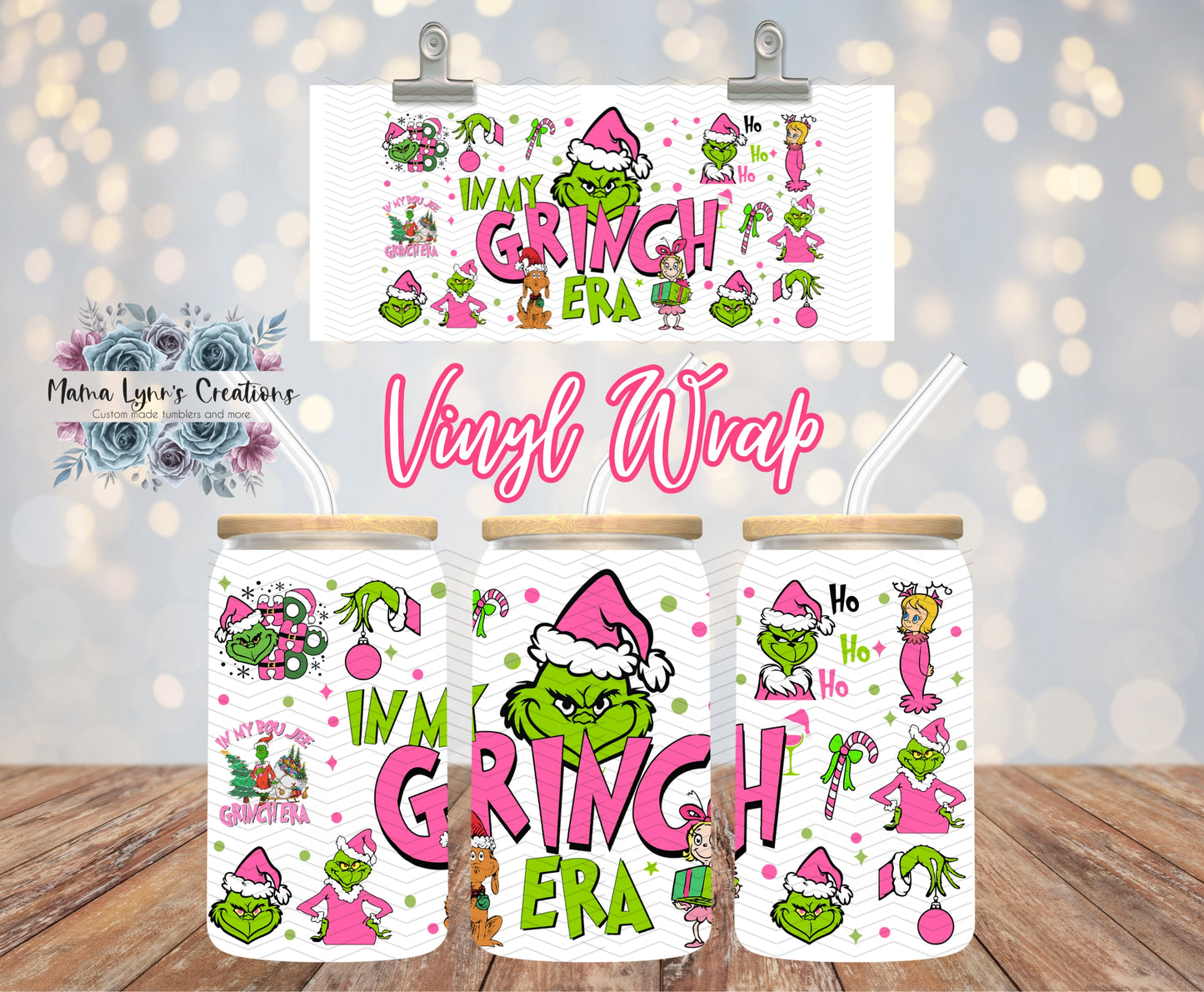 Pink Grinch Era Christmas 16 oz Glass Can prints