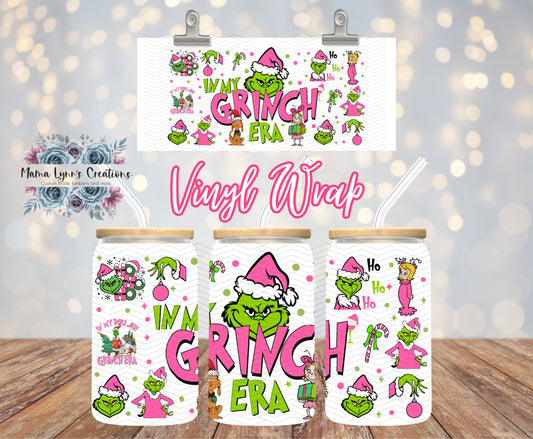 Pink Grinch Era Christmas 16 oz Glass Can prints