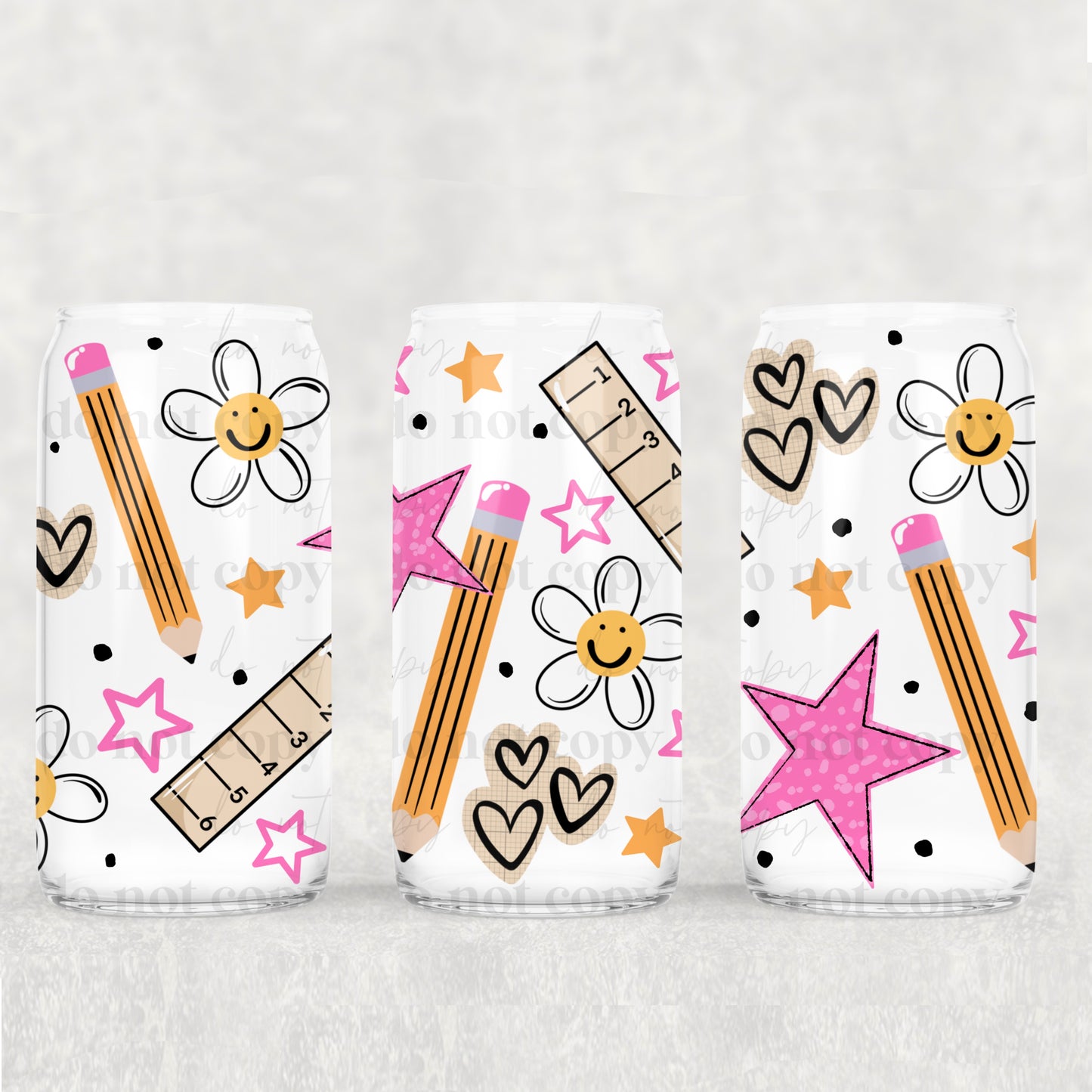 Pencil Ruler Pink Stars 16 oz Glass Wrap