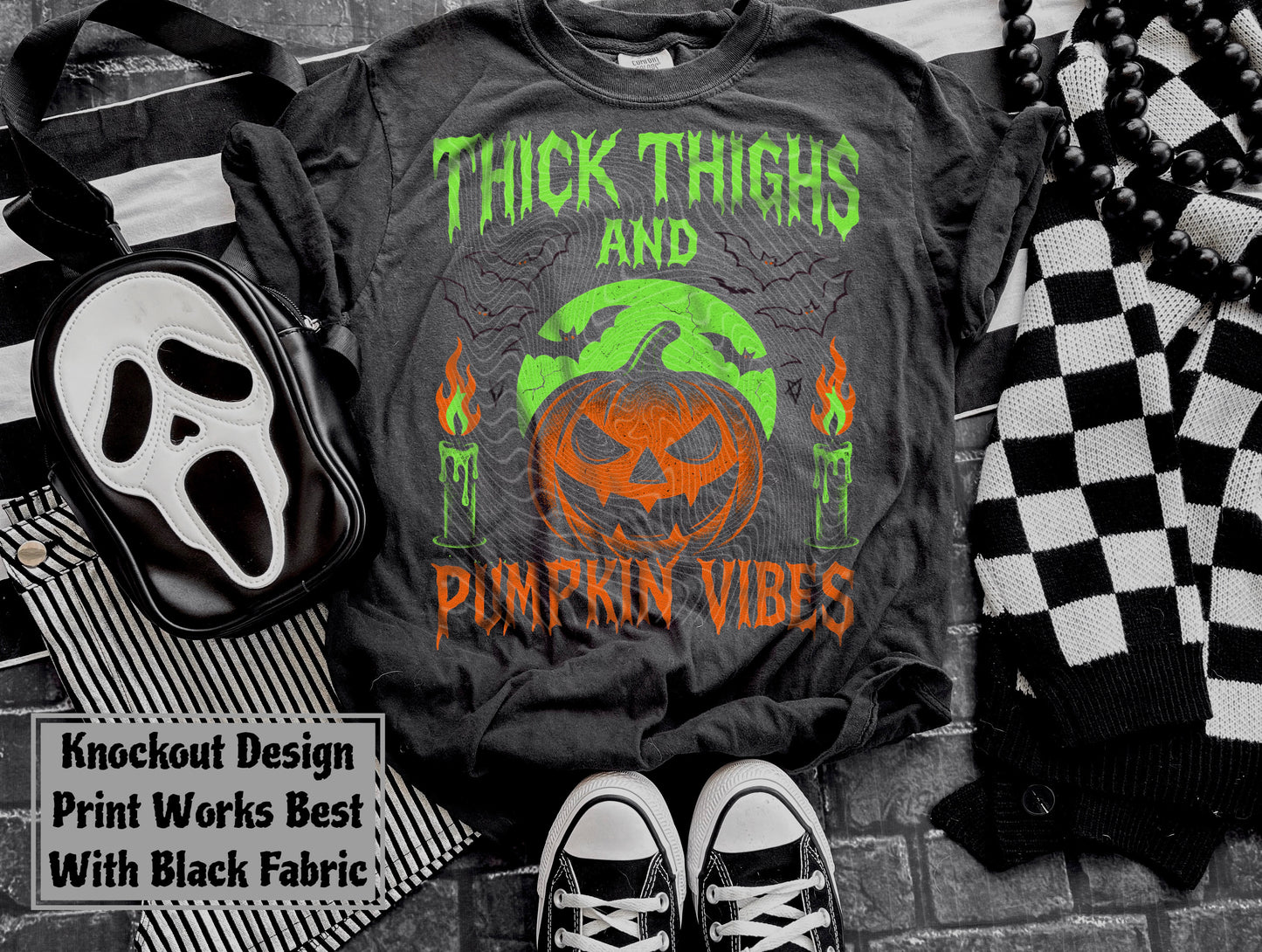 Thick Thighs And Pumpkin Vibes (Black Fabric Only) DTF Prints