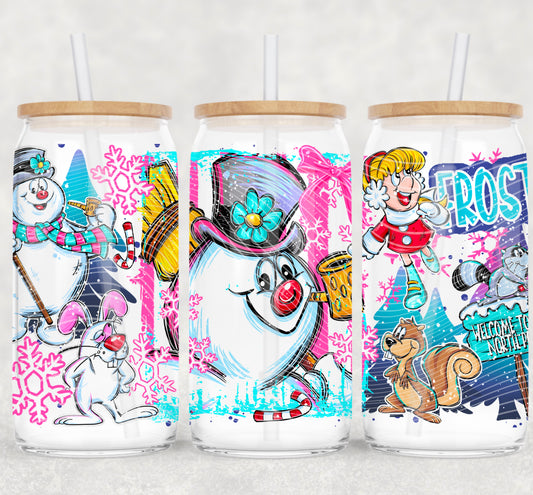 Christmas Frosty Snowman 16 oz Glass Wrap