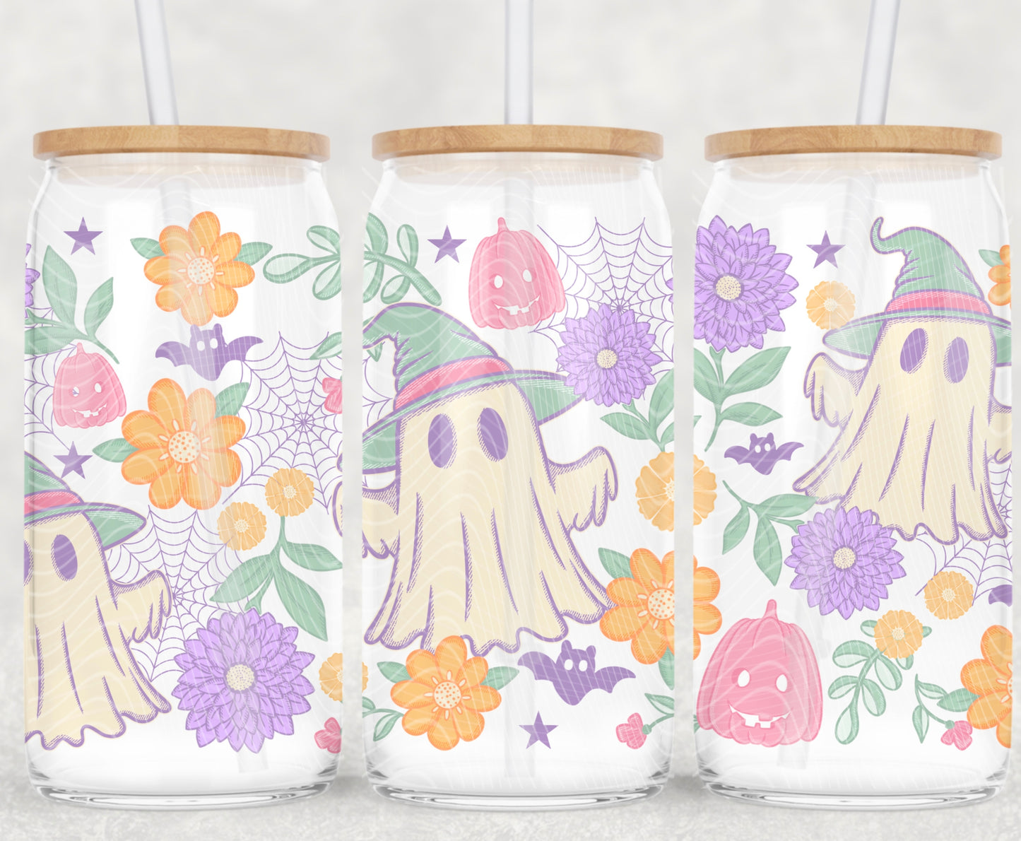 Pastel Halloween Ghost 16 oz Glass Can Wrap