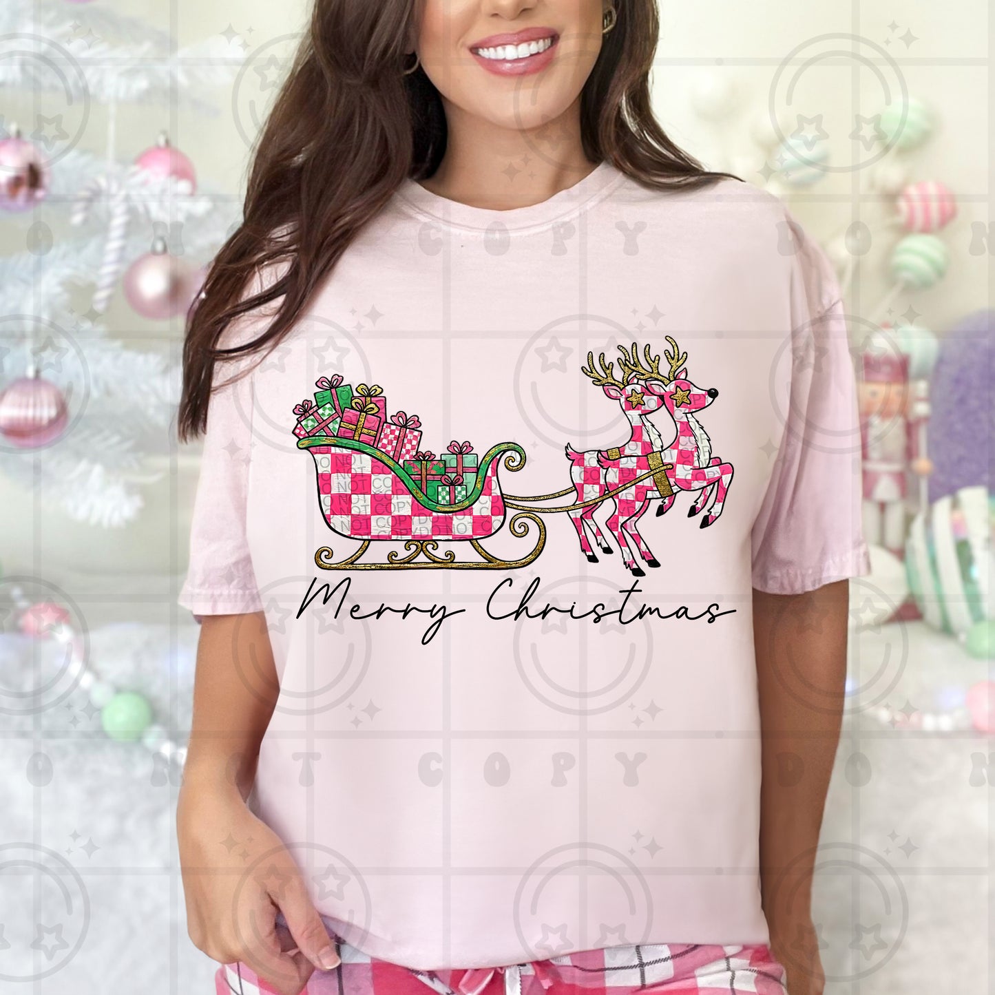 Pink Checkered Merry Christmas (Realistic Paint) DTF Prints