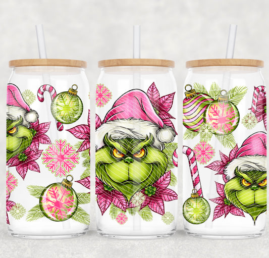 Pink Grinch 16 oz Glass Can Wrap